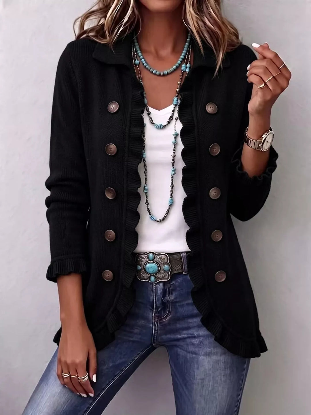 Black Ruffle trim knit cardigan with collar and decorative buttons