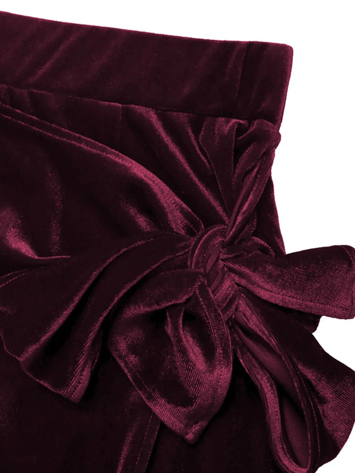 Stretch velvet midi skirt with side tie and slit