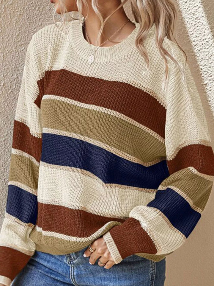 Color block striped crew neck knit sweater