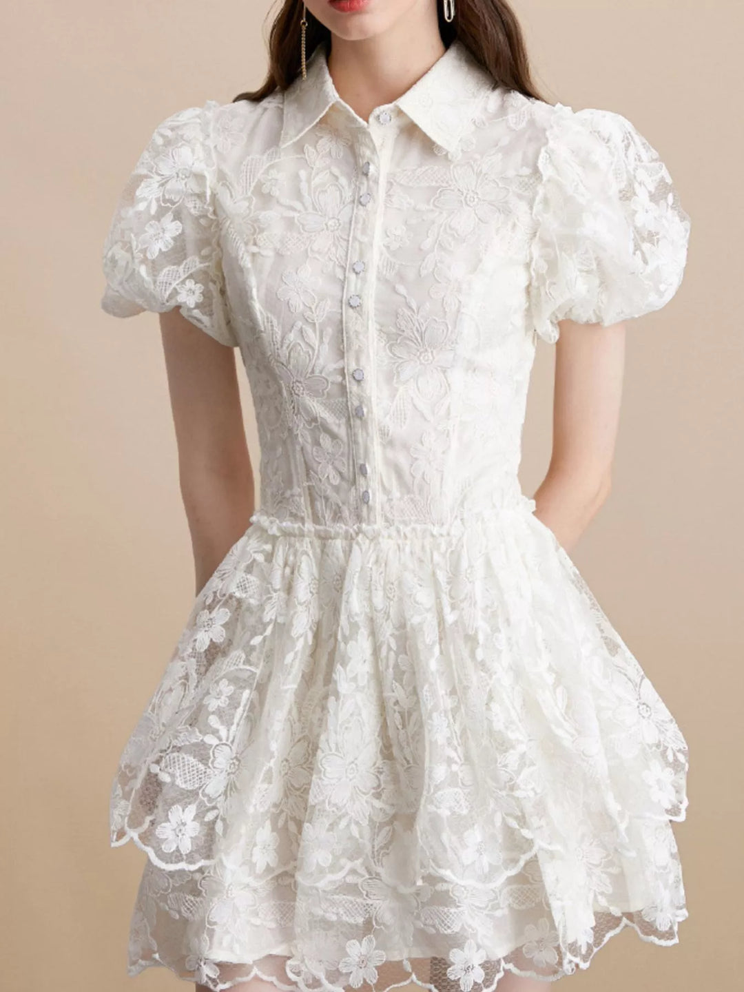 Floral lace puff sleeve mini dress with tiered skirt