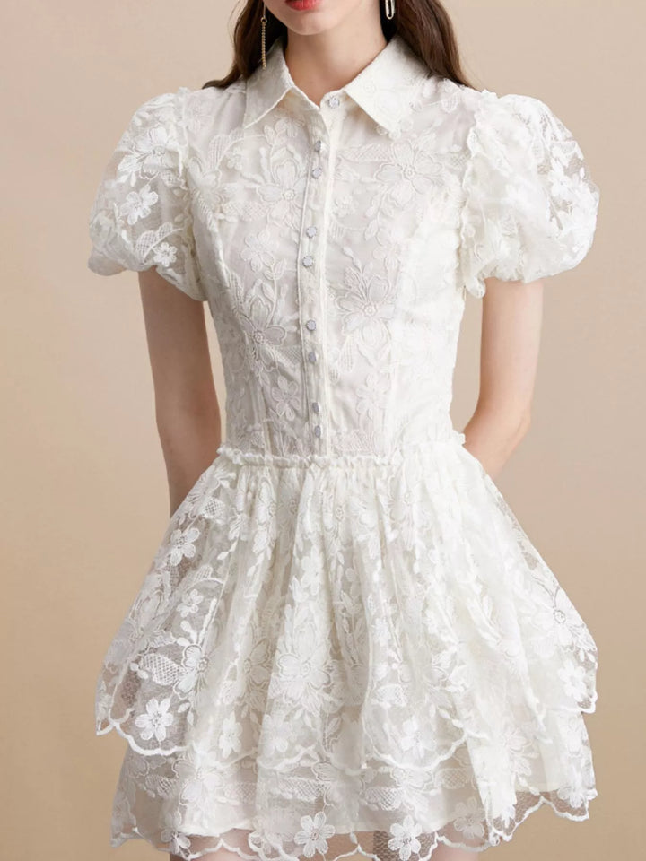 Floral lace puff sleeve mini dress with tiered skirt