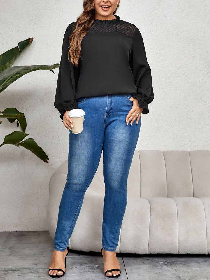 Plus size flounce sleeve blouse with sheer chevron yoke