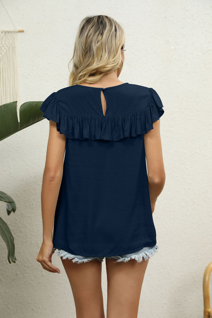 Crochet lace yoke flutter sleeve ruffle blouse