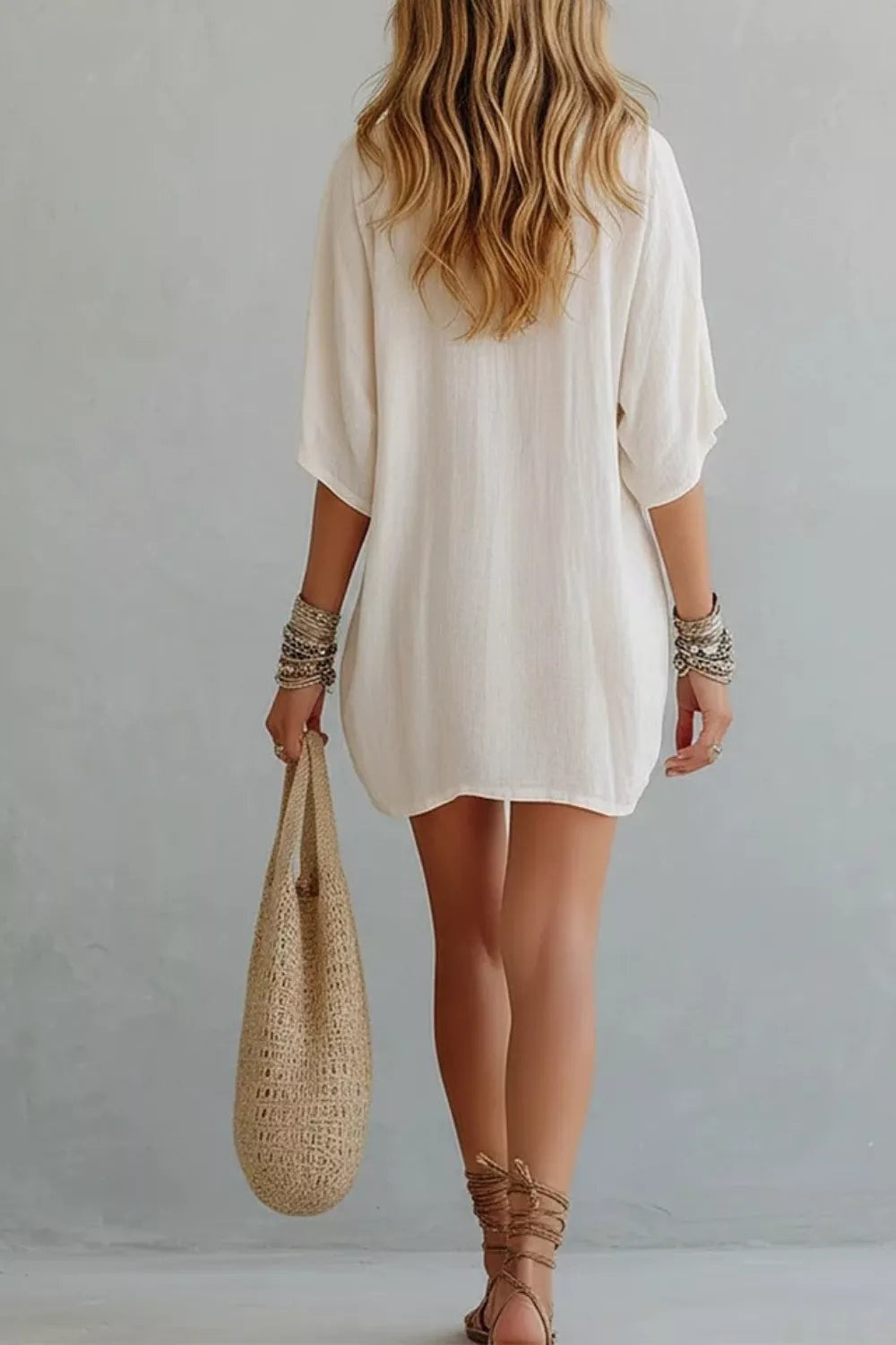 Relaxed notched V-neck crinkle mini dress