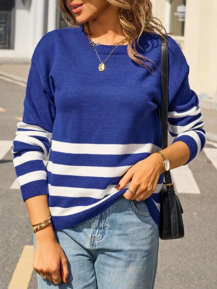 Striped ribbed knit crew neck pullover sweater