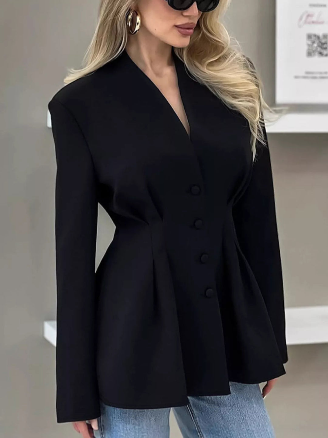 Collarless button-front jacket with cinched pleated waist
