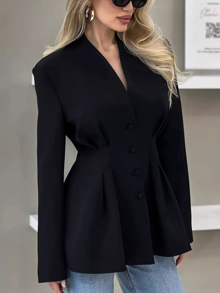 Collarless button-front jacket with cinched pleated waist