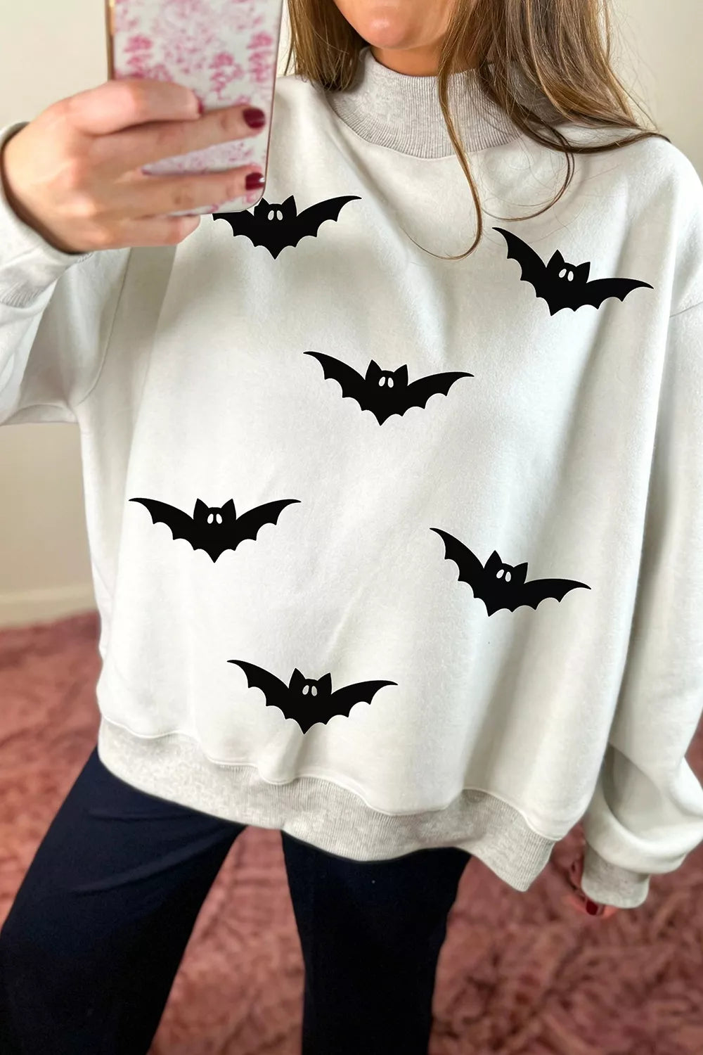 Bat print mock neck oversized Halloween sweatshirt