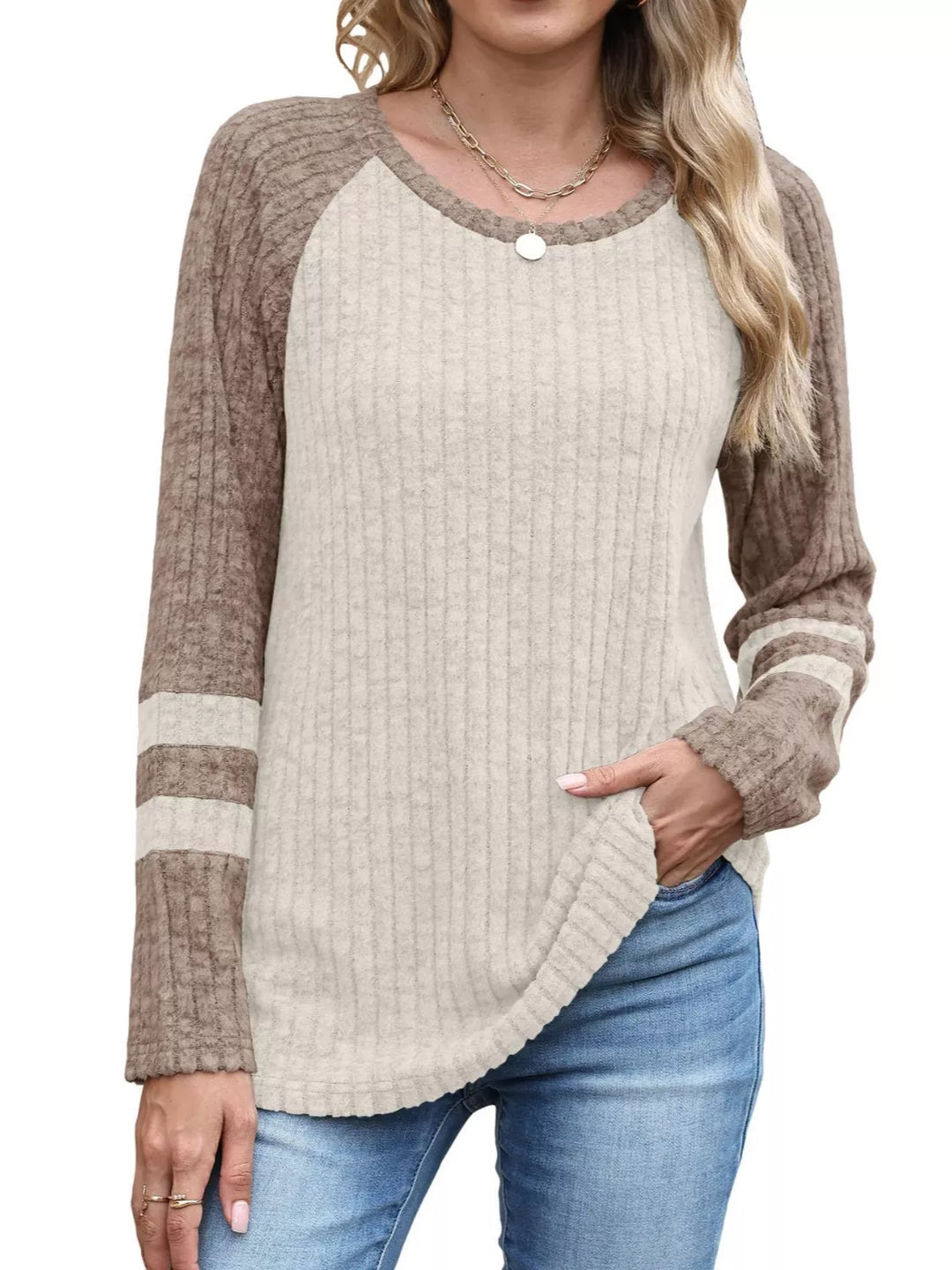 Mocha Ribbed knit raglan long sleeve top with varsity stripe sleeves