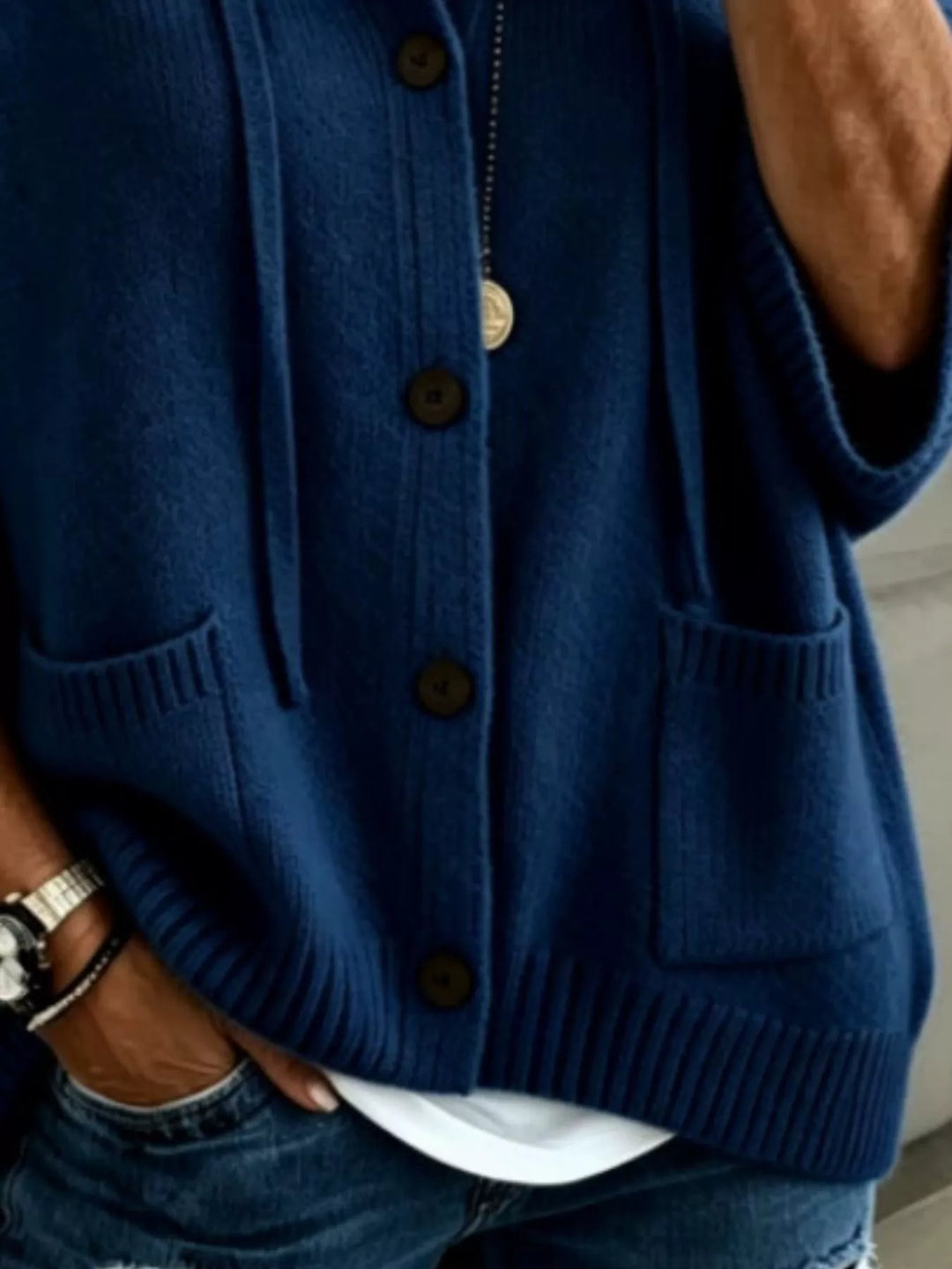 Hooded button-down knit cardigan with patch pockets