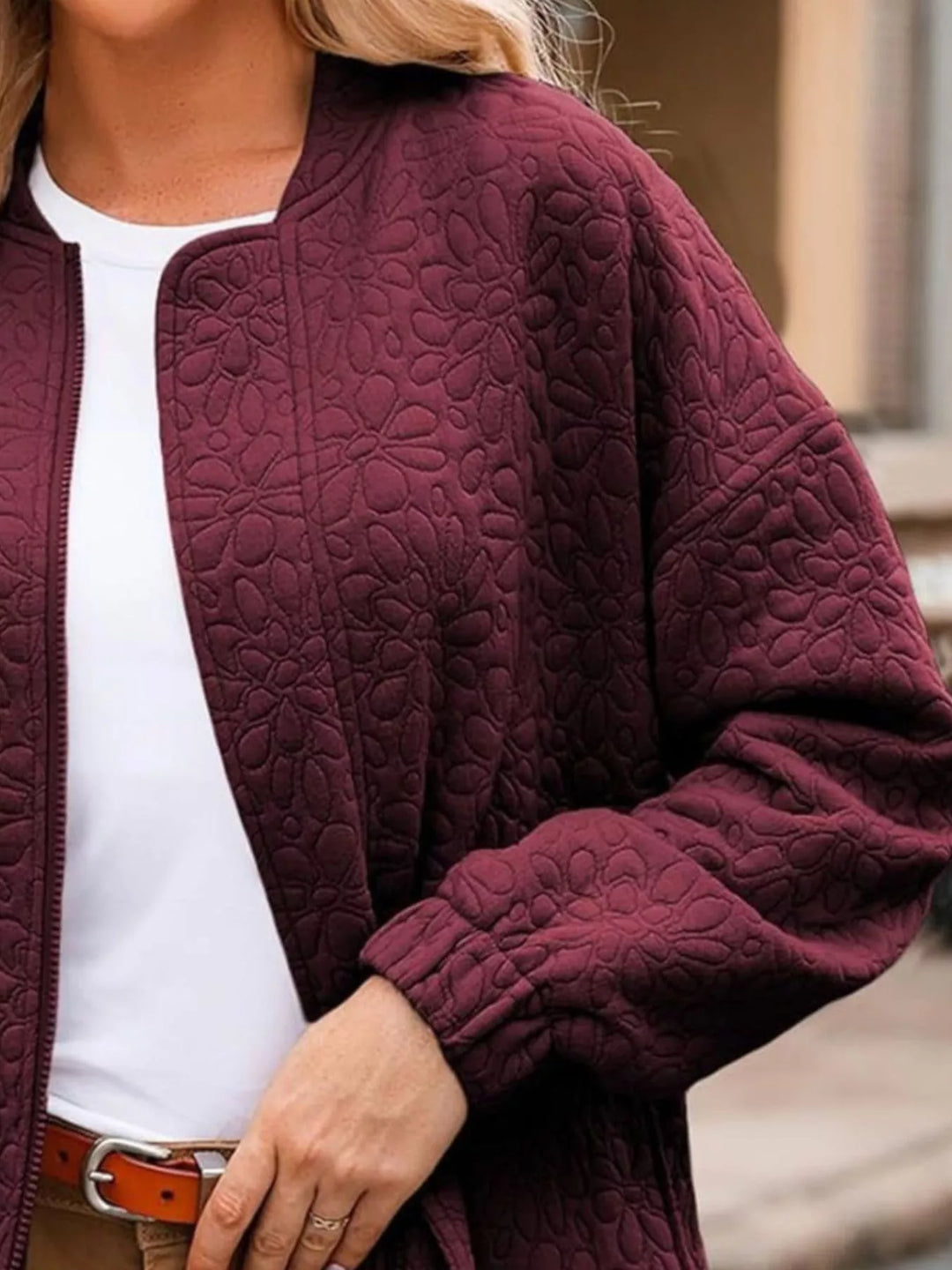 Floral quilted zip-up bomber jacket with pockets