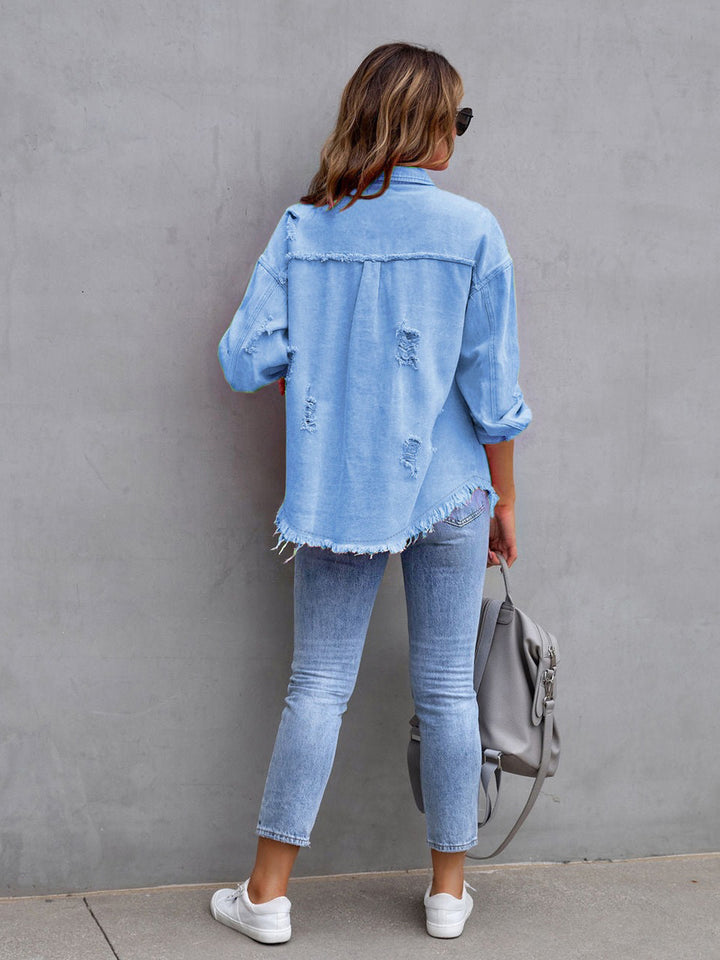 Distressed drop shoulder denim jacket with fringe hem