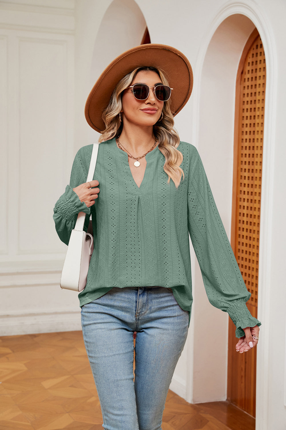 Gum Leaf Eyelet notched-neck blouse with flounce sleeves