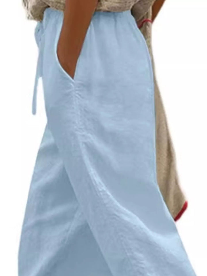 Drawstring linen-look cropped pants with side pockets