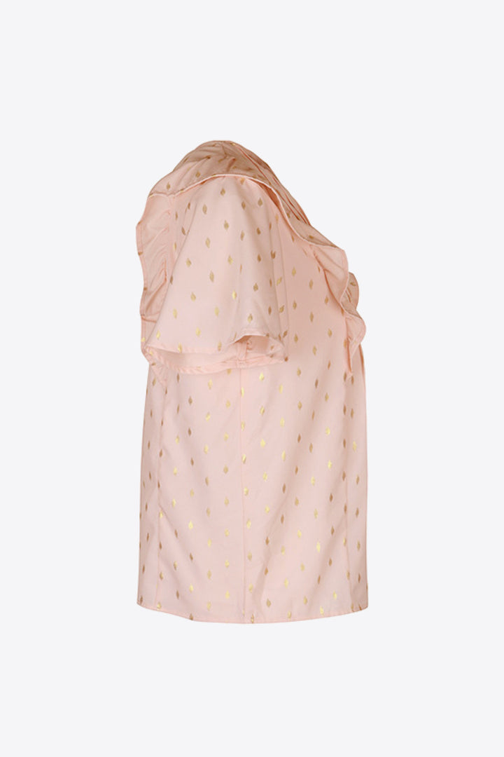Ruffle trim pintuck blouse with gold foil dot print