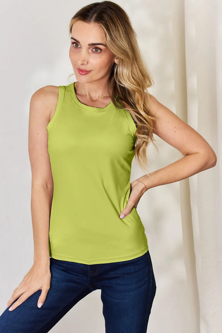Yellow-Green Slim-fit round neck stretch tank top