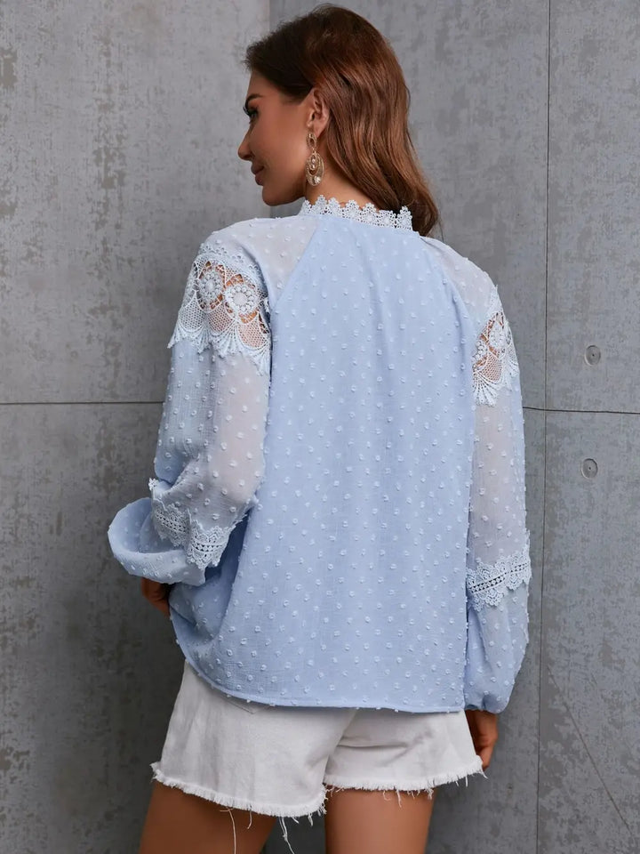 Crochet trim swiss dot tie-neck long sleeve blouse