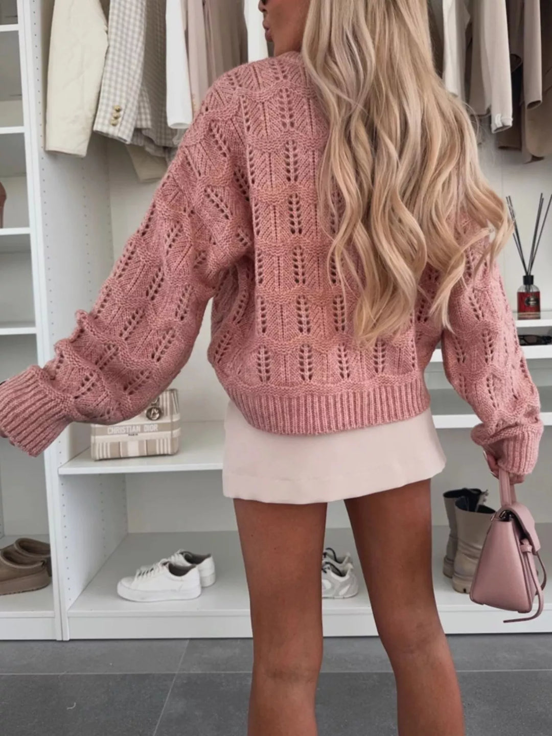 Openwork pointelle knit round neck sweater