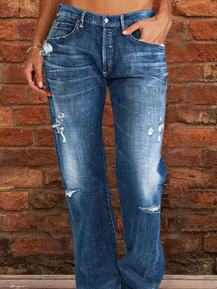 Distressed straight-leg jeans with raw frayed hem
