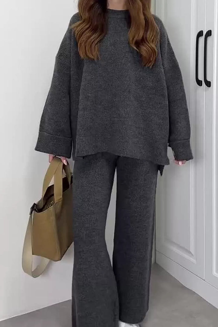 Dark Gray Ribbed knit dropped shoulder sweater and wide leg pants set