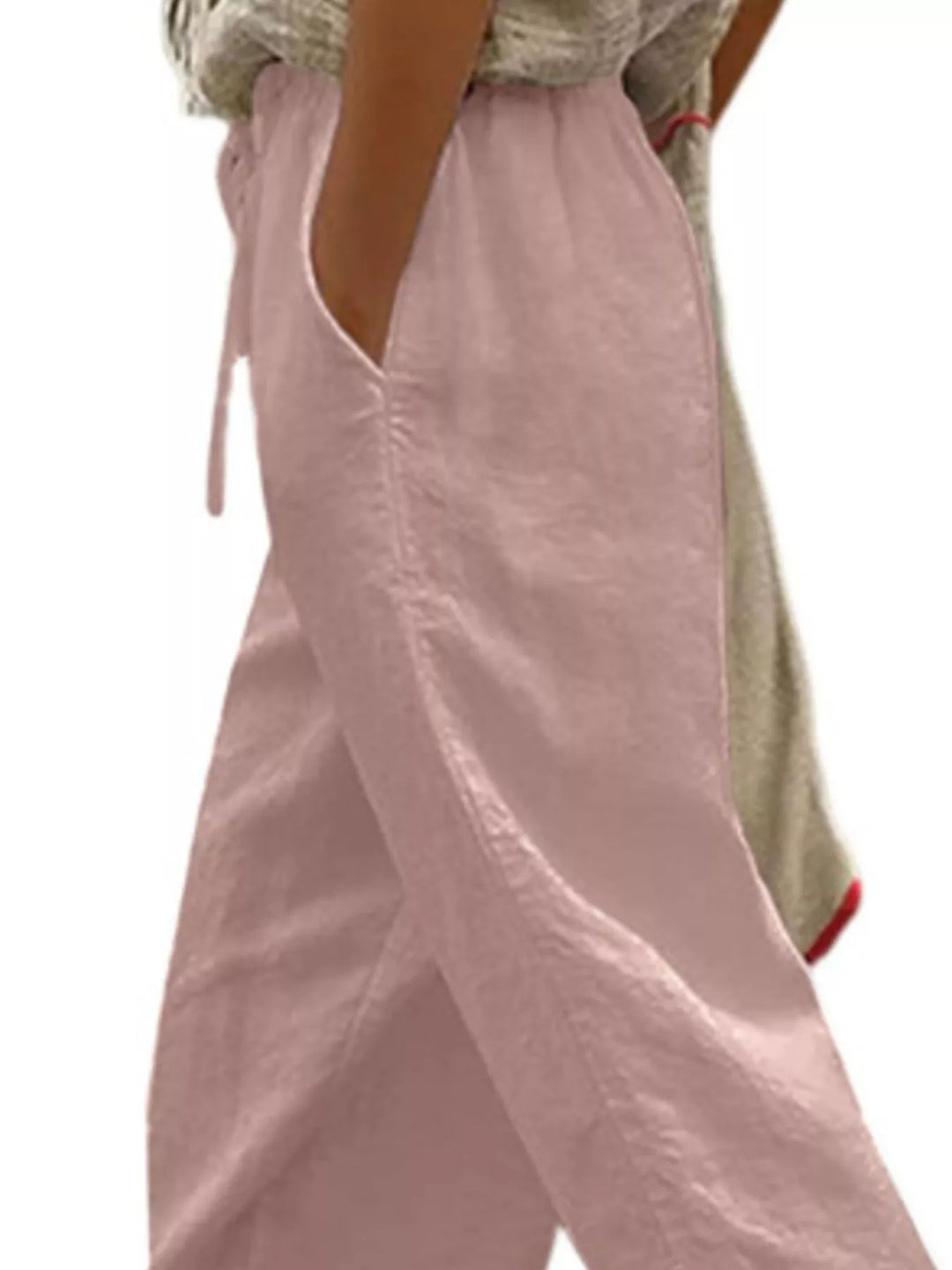 Drawstring linen-look cropped pants with side pockets