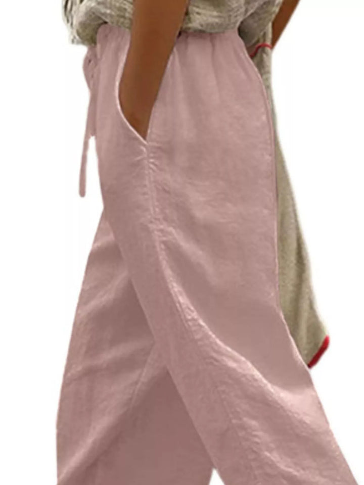 Drawstring linen-look cropped pants with side pockets