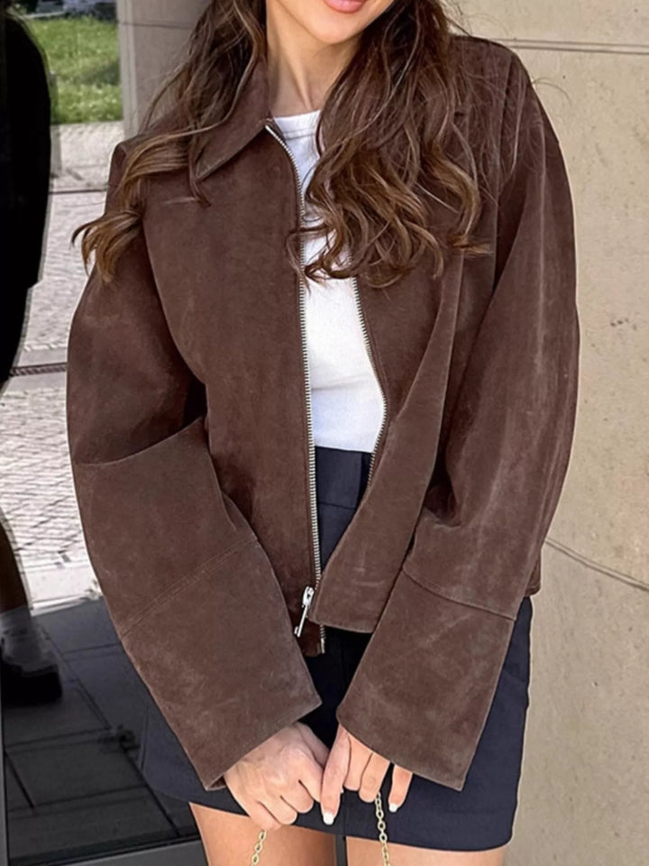 Brown Cropped faux suede zip-up jacket with dropped shoulders