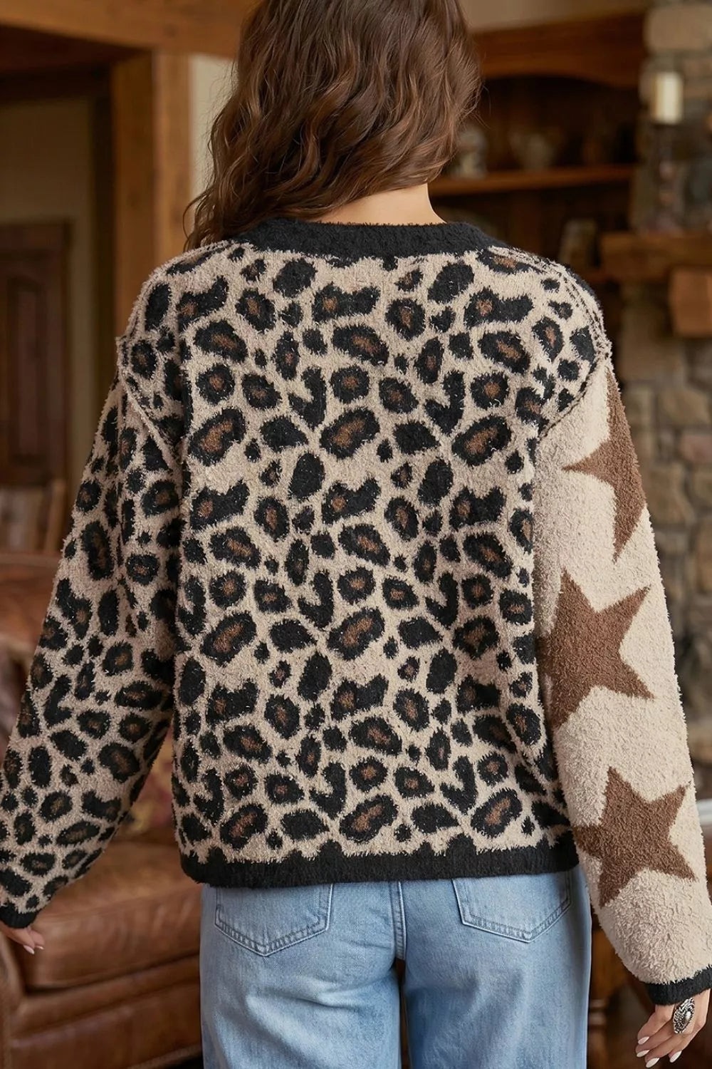 Leopard and star colorblock fuzzy knit pullover sweater