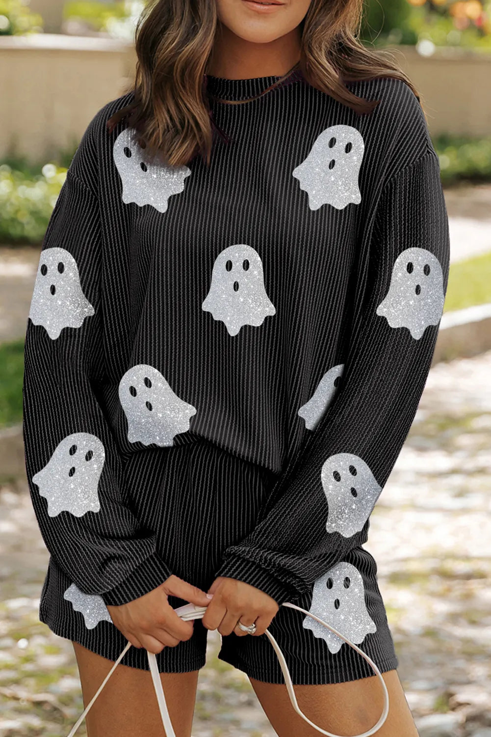 Black Glitter ghost ribbed long sleeve top and shorts set