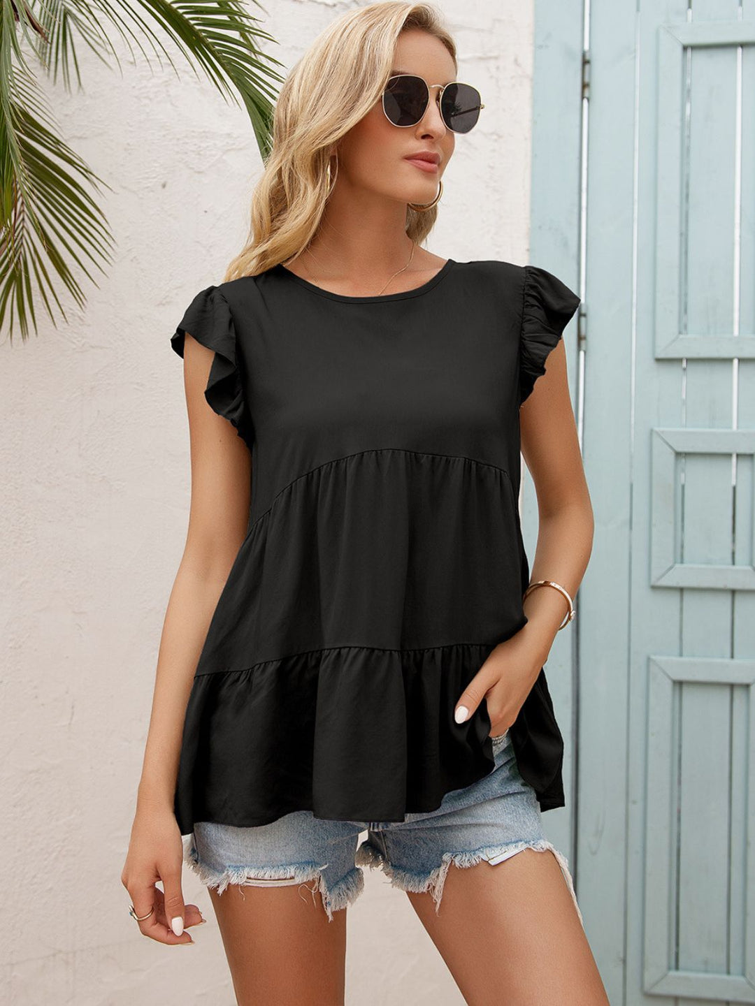 Black Flutter sleeve tiered babydoll blouse with round neck