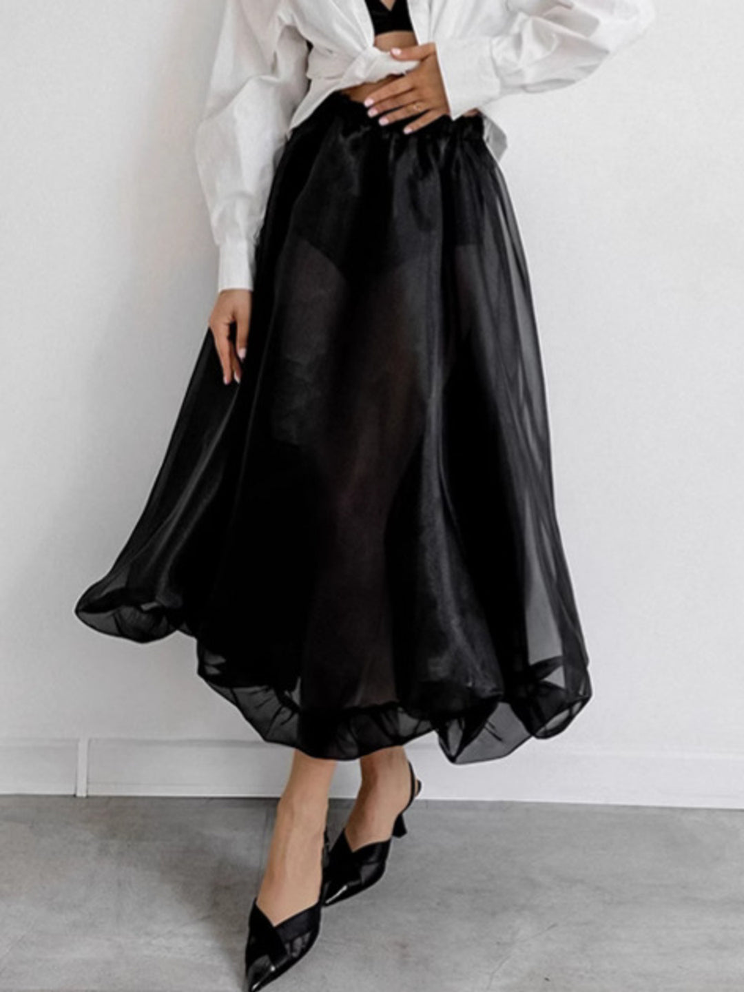 Black Semi-sheer flowy midi skirt with gathered elastic waist