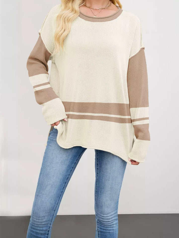 Khaki Color Striped colorblock drop shoulder sweater with side slits