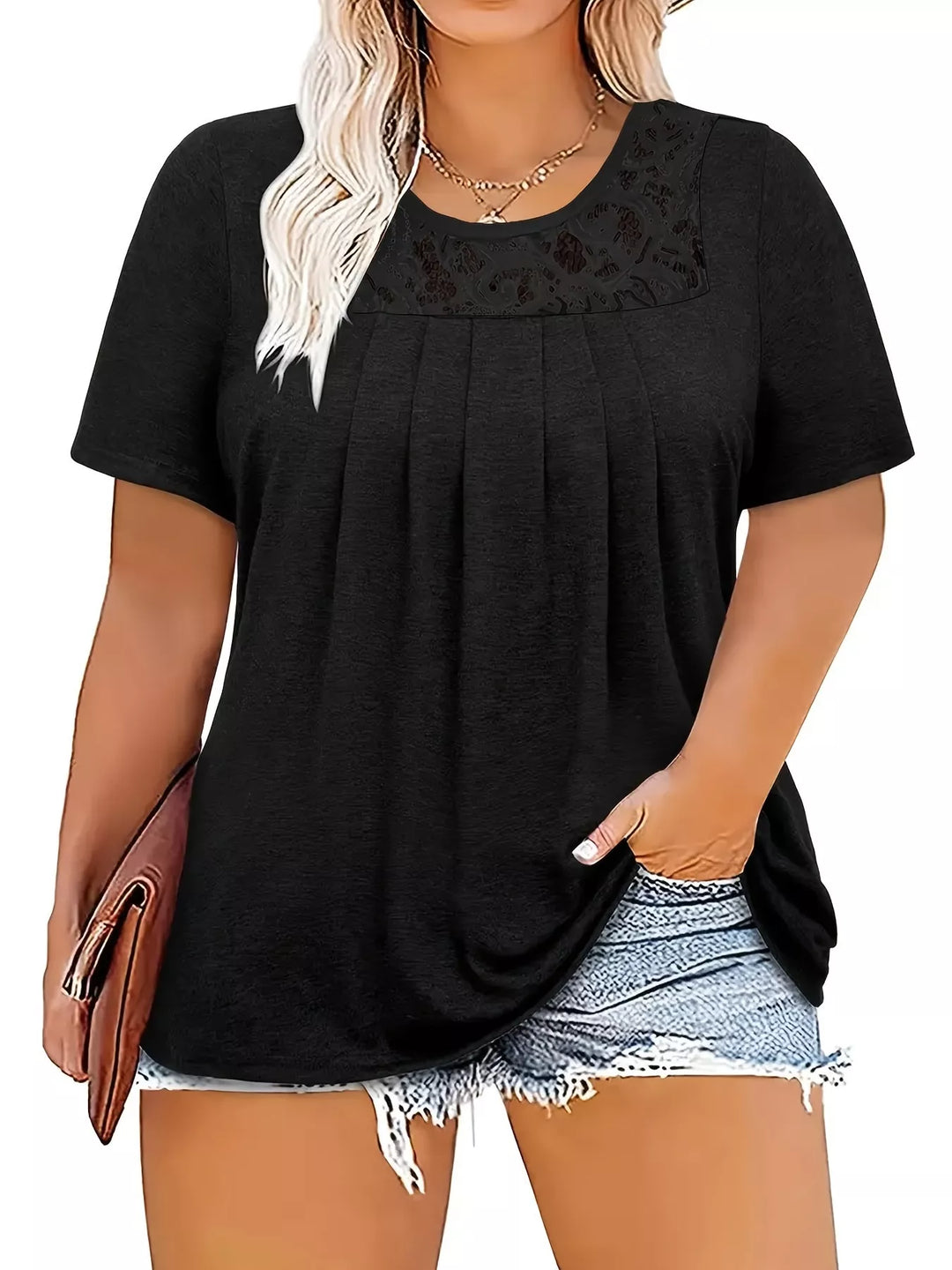 Black Plus size pleated lace yoke short sleeve top