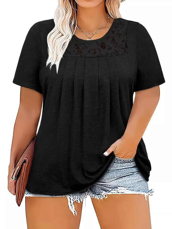 Black Plus size pleated lace yoke short sleeve top