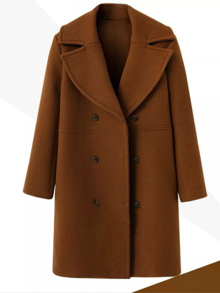 Brown Double-breasted longline coat with notched lapel collar
