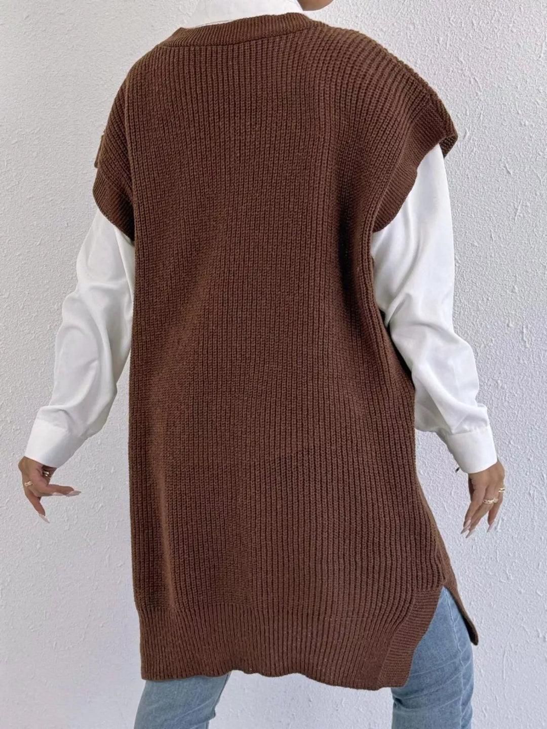 Pearl-trim V-neck ribbed sweater dress with side slits