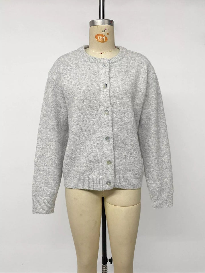Brushed knit button-down cardigan with ribbed crew neck