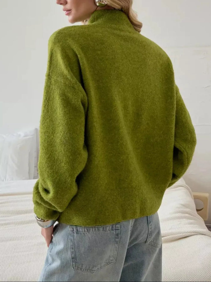 Ribbed mock neck dropped shoulder knit sweater