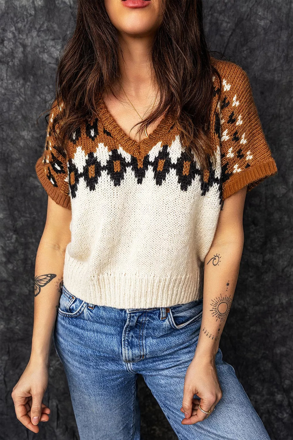 Brown Geometric fair isle short sleeve V-neck sweater