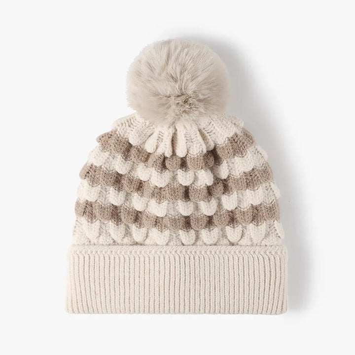 Beige Striped scallop knit beanie with faux fur pom-pom