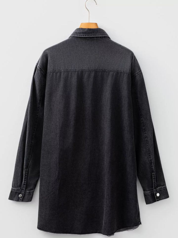 Loose-fit denim shirt dress with raw hem and chest pockets