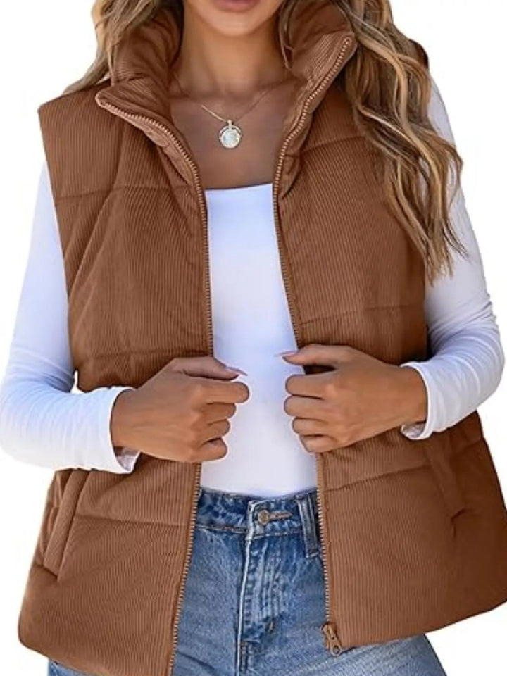 Corduroy stand collar zip-up puffer vest