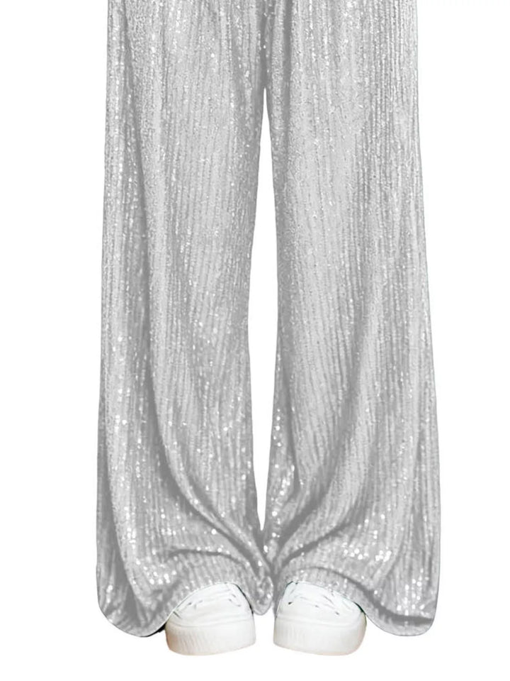 All-over sequin wide-leg pants with elastic waist