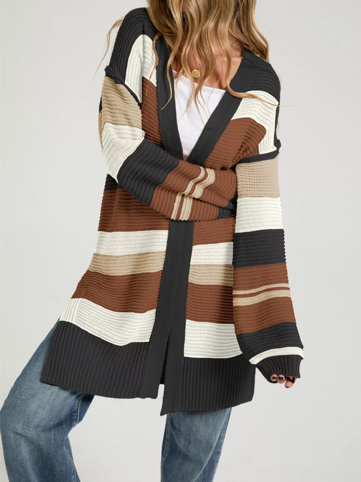 Black Striped color block open front longline cardigan