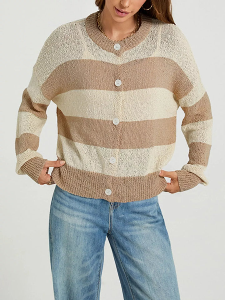 Wide stripe button-down knit cardigan with ribbed trim