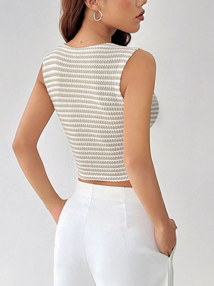 Striped button-front cropped knit vest with deep V-neck