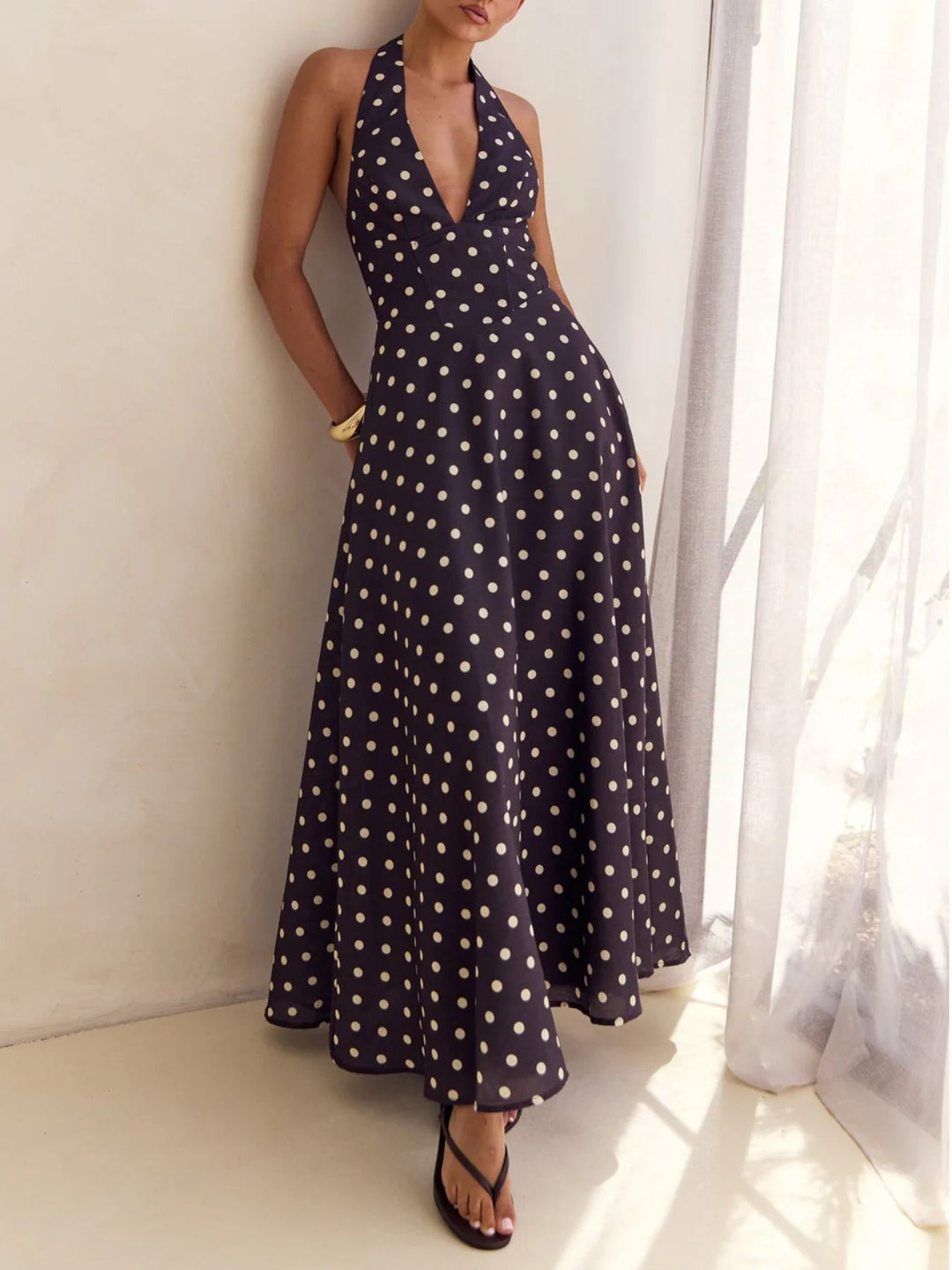 Dark Brown Floral print halter maxi dress with lace-up back
