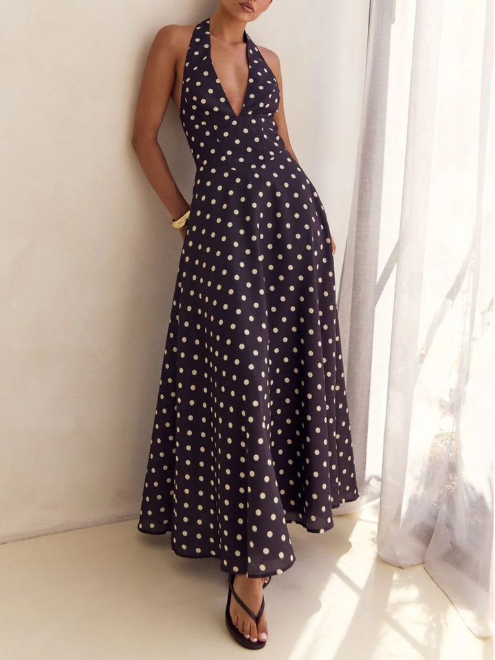 Dark Brown Floral print halter maxi dress with lace-up back