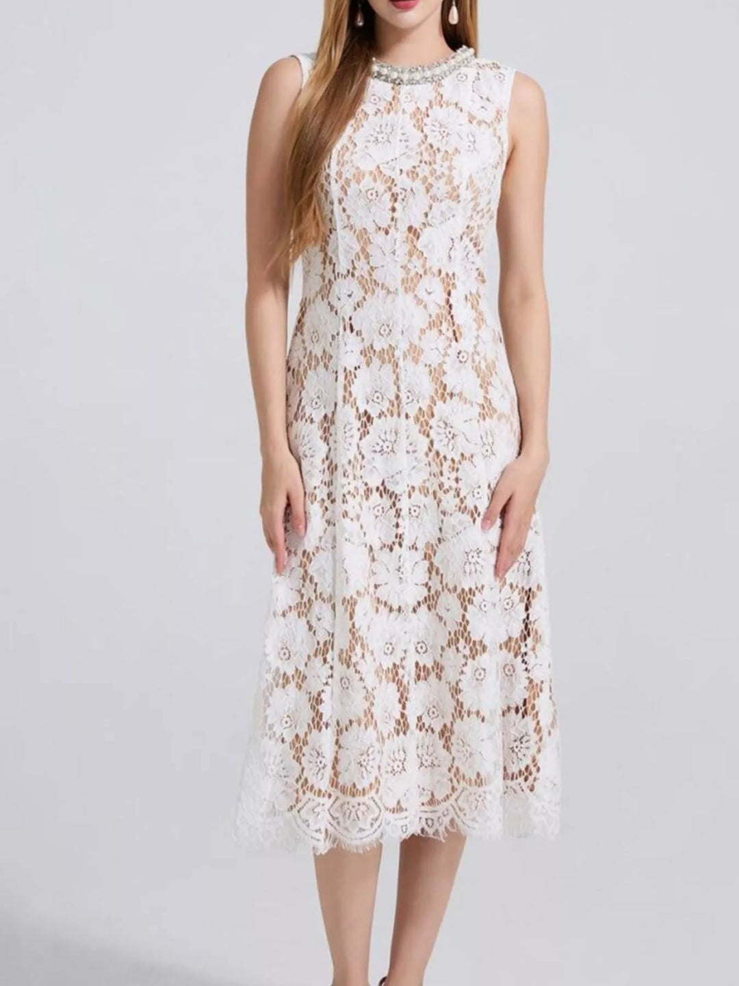 Sleeveless floral lace midi dress with pearl neckline