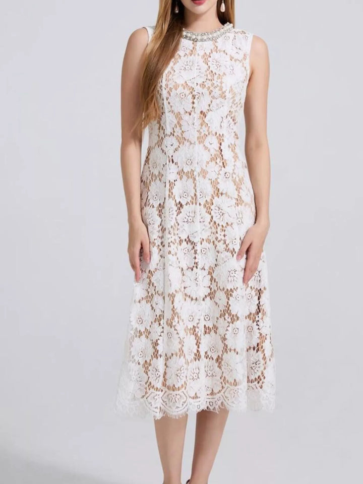 Sleeveless floral lace midi dress with pearl neckline